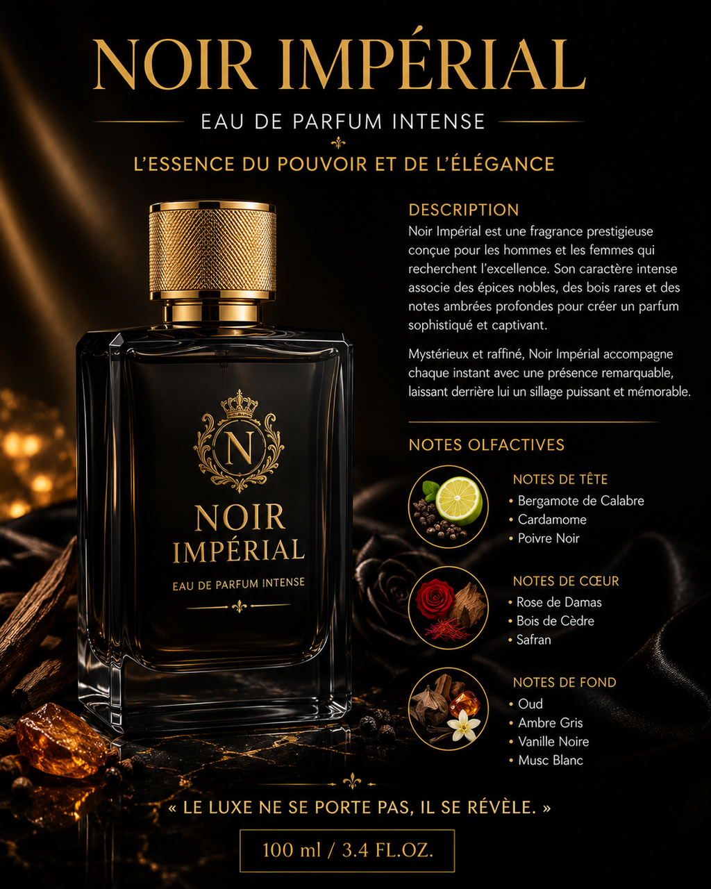 NOIR IMPÉRIAL Eau de Parfum Intense  L'ESSENCE DU POUVOIR ET DE L'ÉLÉGANCE.